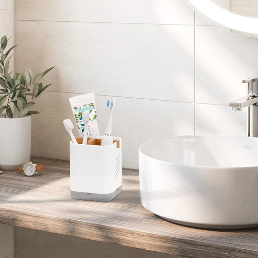 Toothbrush and Toothpaste Holder with Bamboo Divider for Bathroom Countertop Org